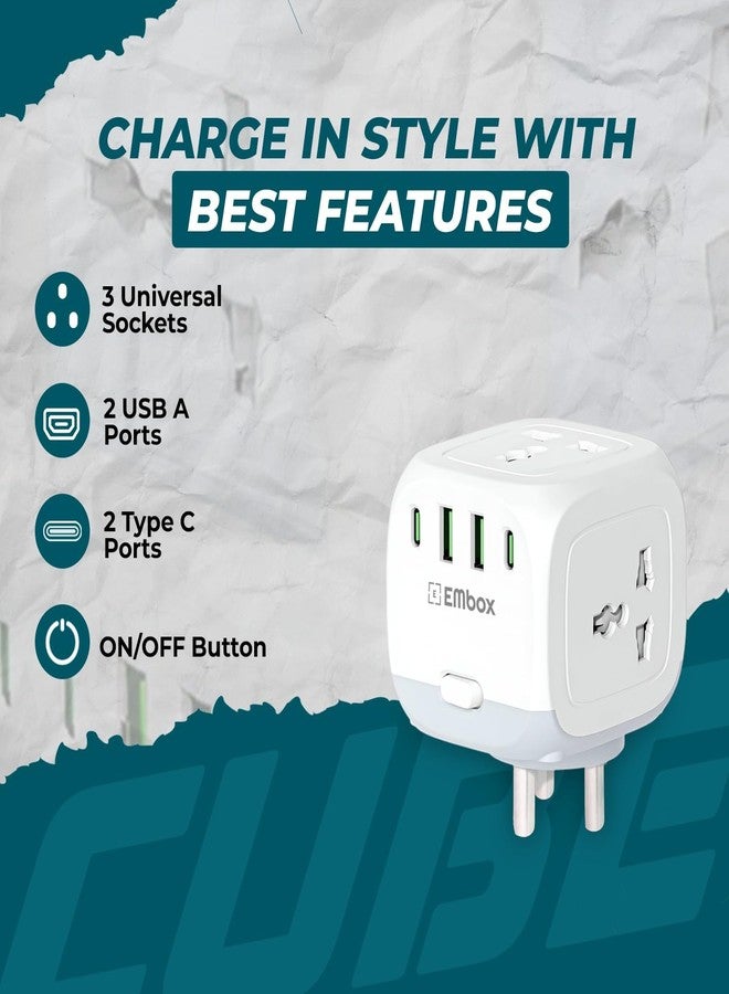 EMBOX مقبس متعدد المنافذ من إمبوكس مع مفتاح تشغيل فردي - لوحة تمديد لاسلكية بثلاثة منافذ: منفذان USB-A ومنفذان USB-C (2.4 أمبير - توصيل مباشر) - مقبس ثلاثي الأطراف مع حماية بغطاء أمان - 2500 واط - Image 2